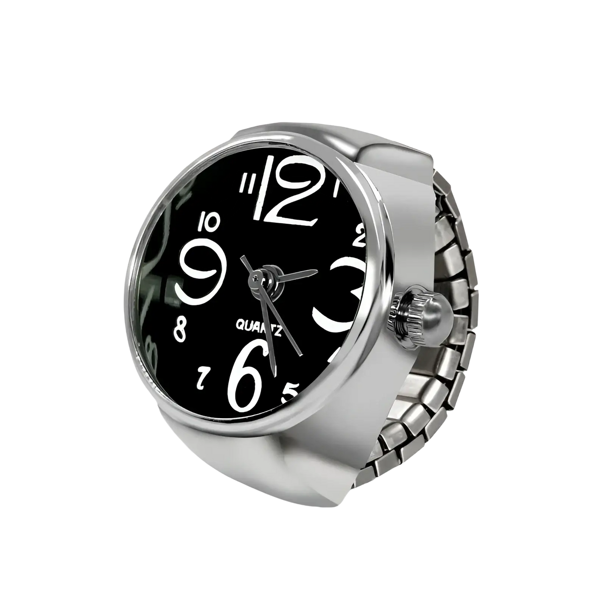 Silver-toned quartz ring watch with black dial, bold white arabic numerals, and segmented metal band for couples