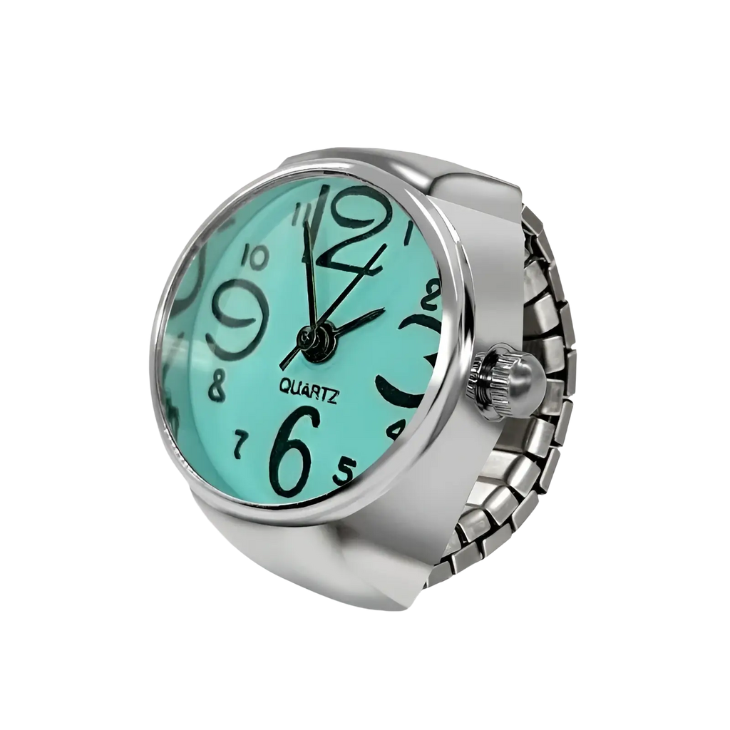 Silver-toned ring watch with a turquoise face and black arabic numerals for quartz finger couple jewelry