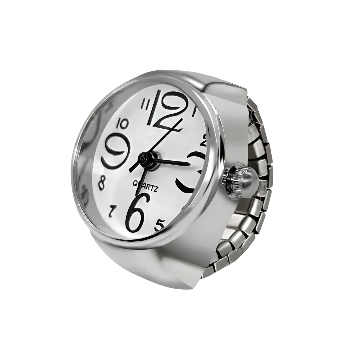 Silver-toned quartz ring watch with white dial black arabic numerals and flexible metal band for couple jewelry