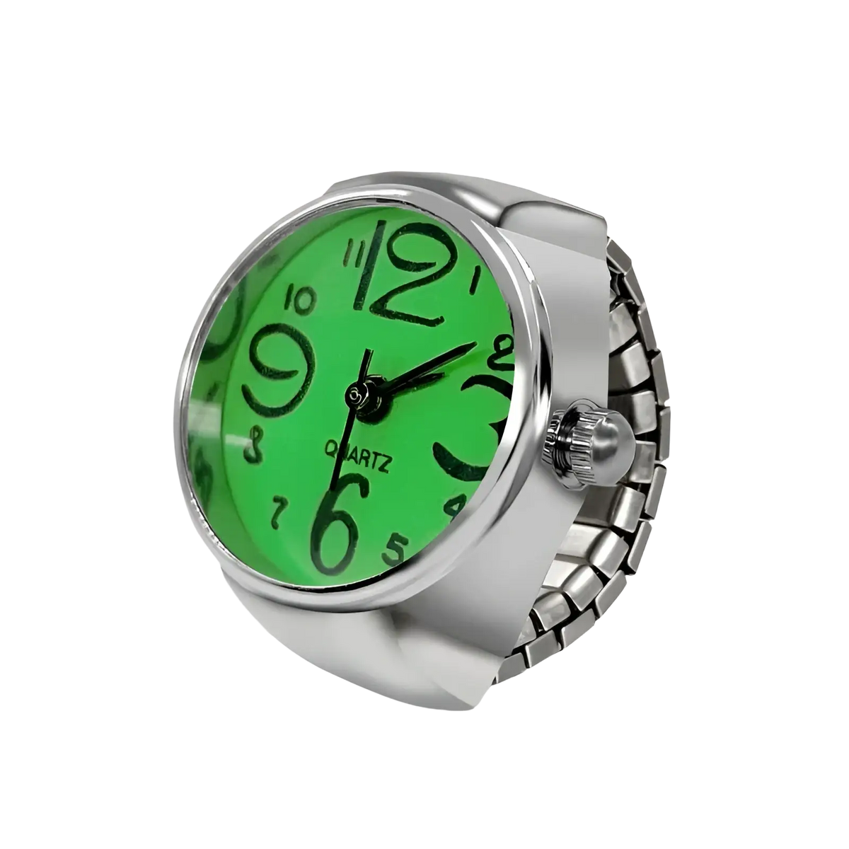 Silver-toned quartz ring watch with a vibrant green face and bold black numerals for finger couple jewelry
