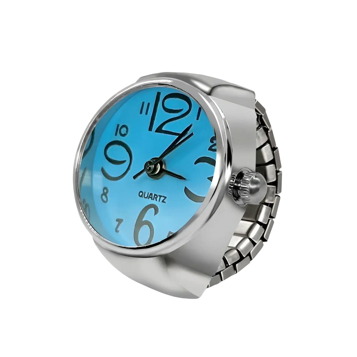Silver-toned quartz ring watch with a bright blue face and black arabic numerals for couple finger jewelry