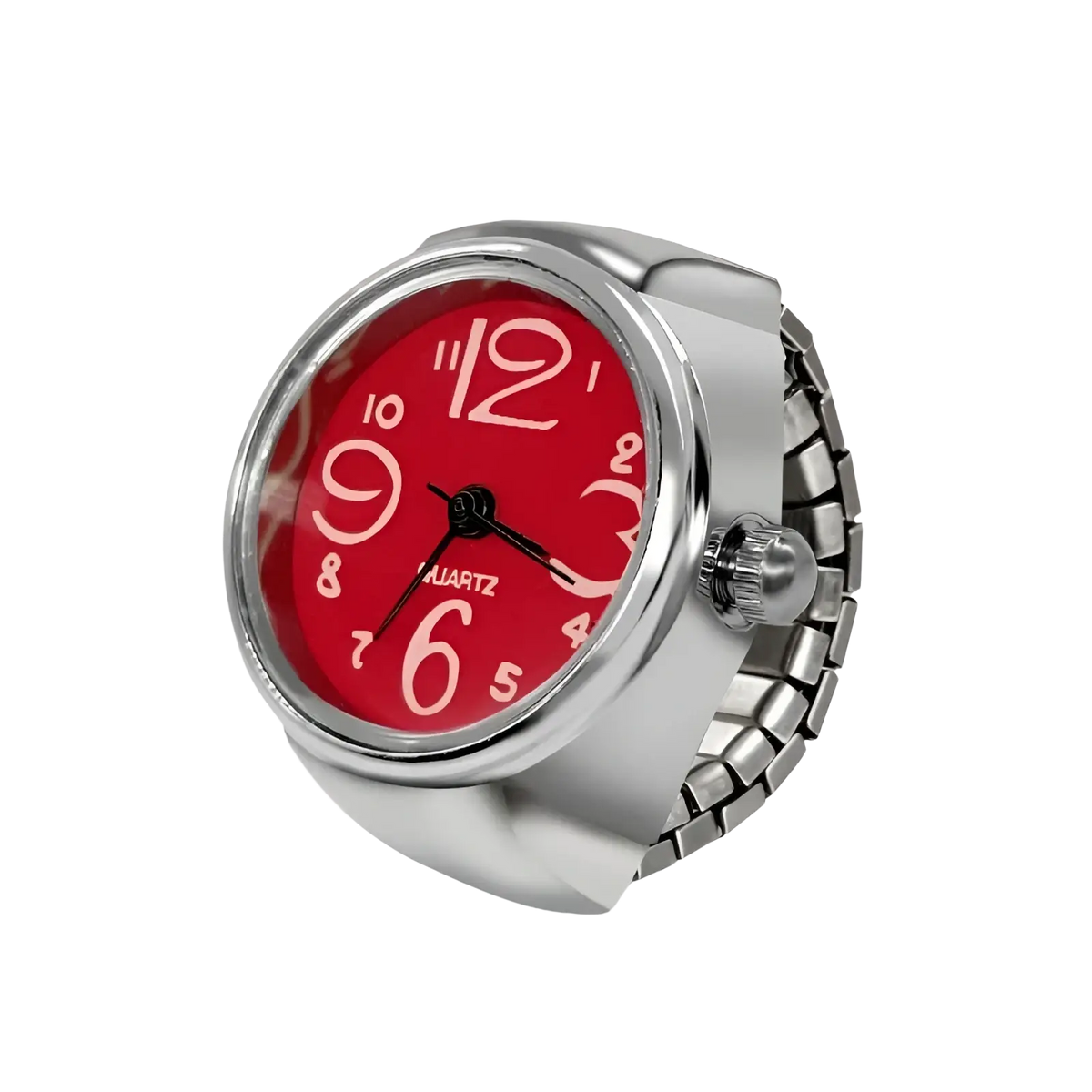 Silver-toned adjustable ring watch quartz finger couple jewelry with a vibrant red face and white arabic numerals