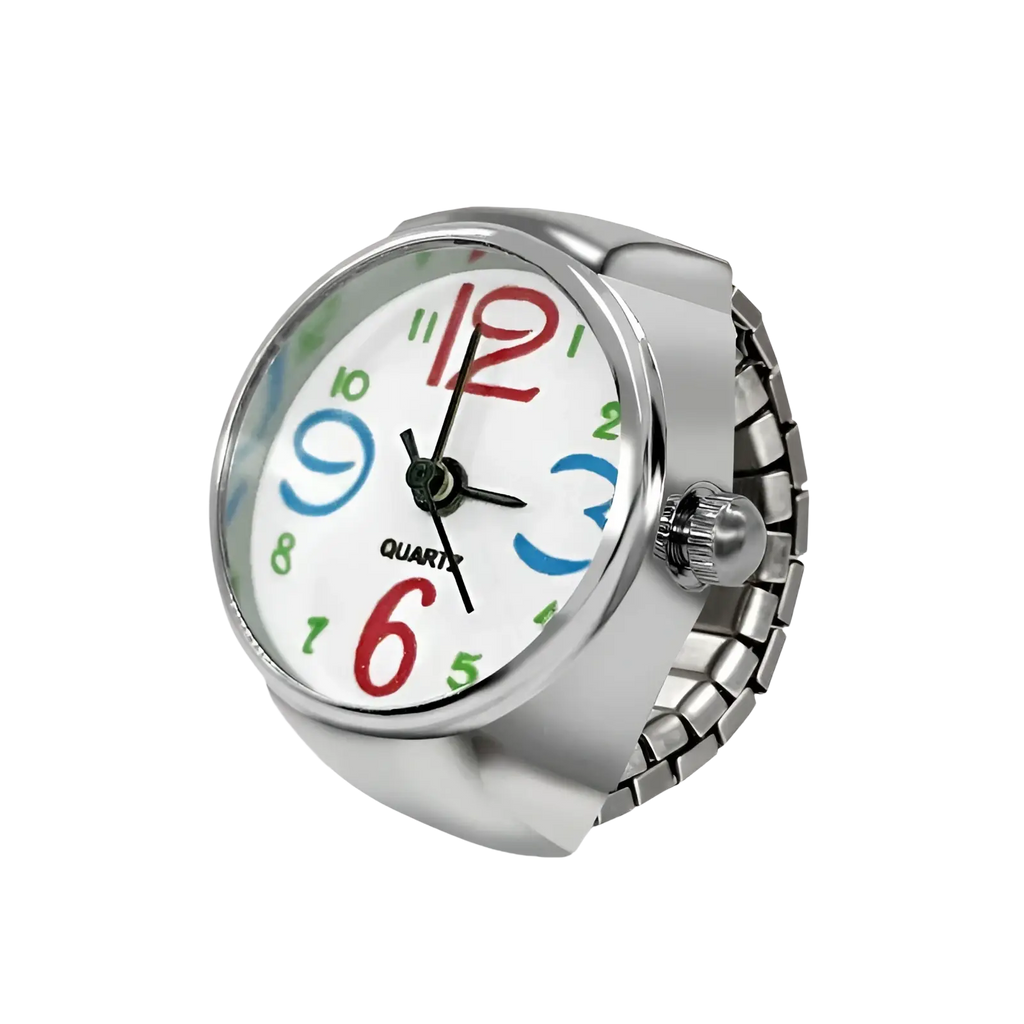 Silver-toned adjustable quartz ring watch with white face and colorful red blue and green bold numerals for couples