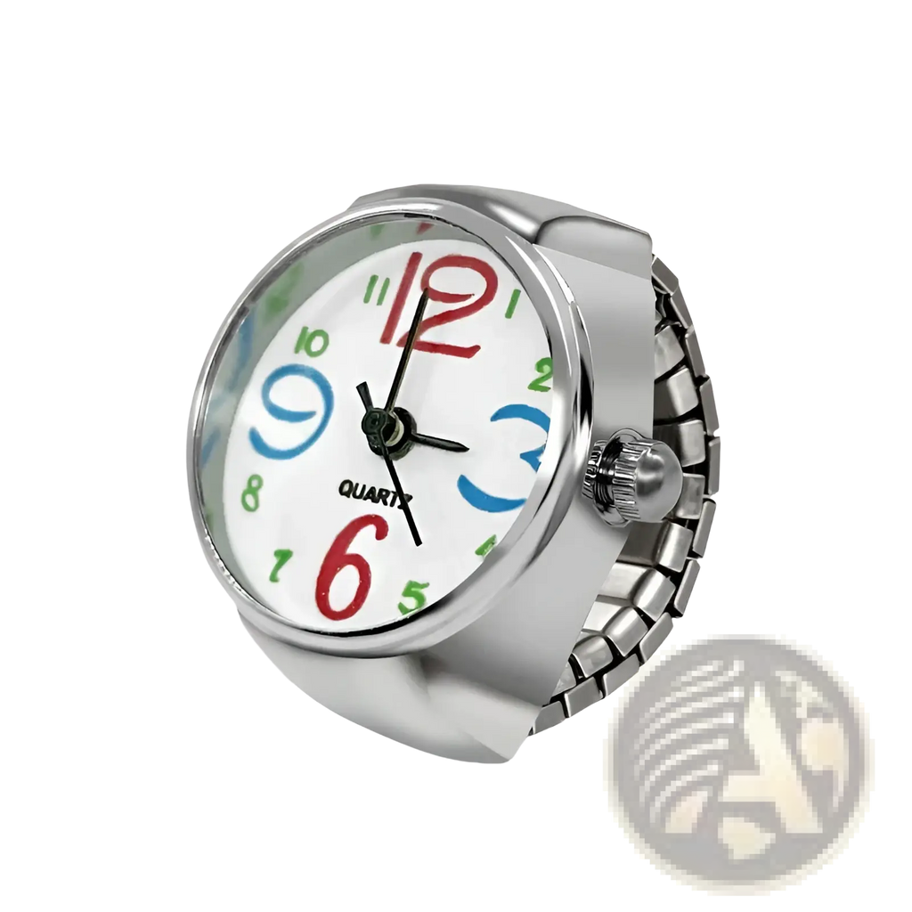 Silver-toned adjustable quartz ring watch with white face and colorful red blue and green bold numerals for couples