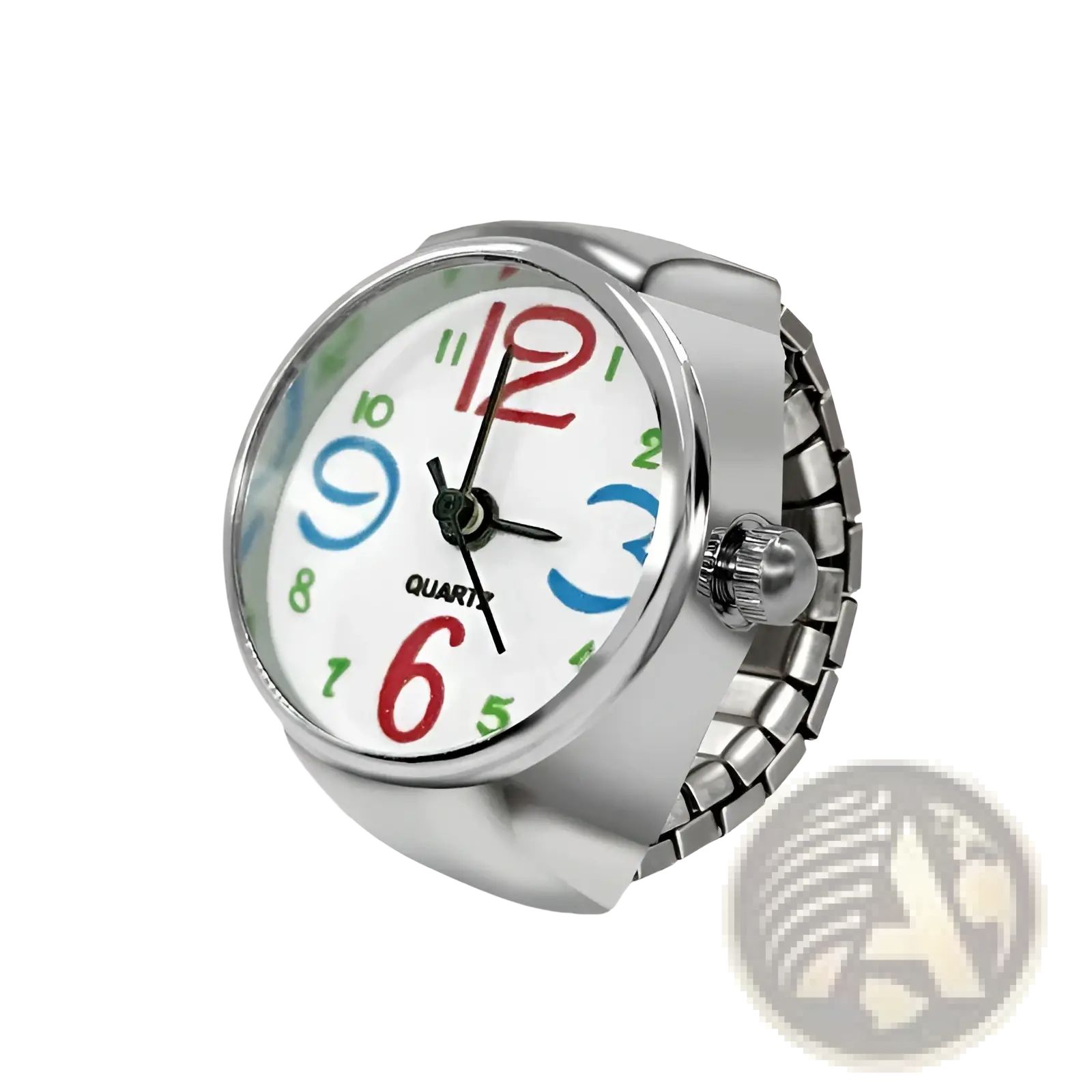 Silver-toned adjustable quartz ring watch with white face and colorful red blue and green bold numerals for couples
