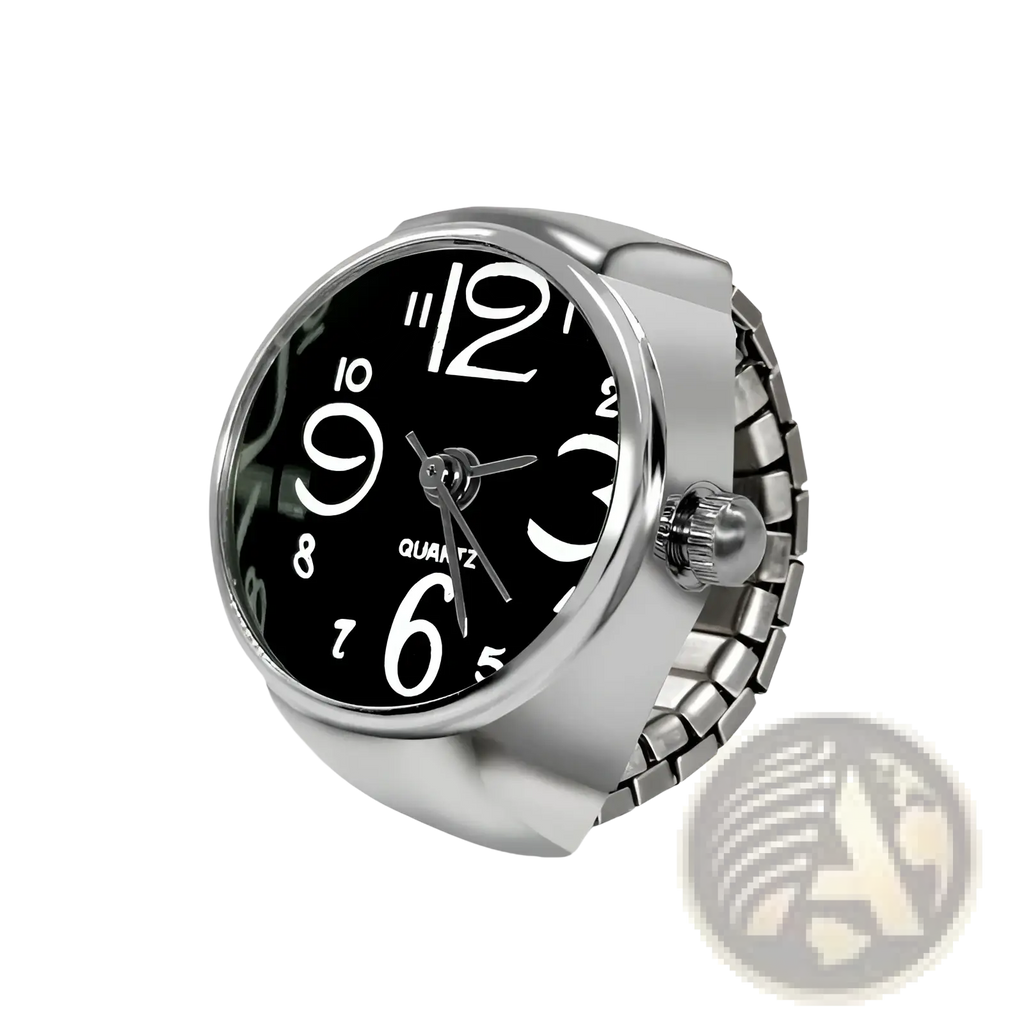 Silver-toned quartz ring watch with black dial, bold white arabic numerals, and segmented metal band for couples jewelry