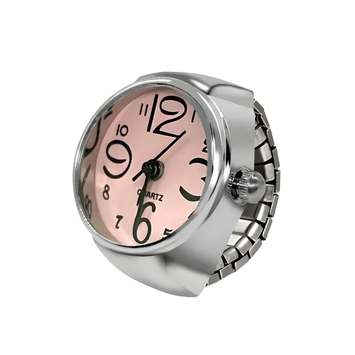 Silver-toned ring watch quartz finger couple jewelry with a pink face and black arabic numerals