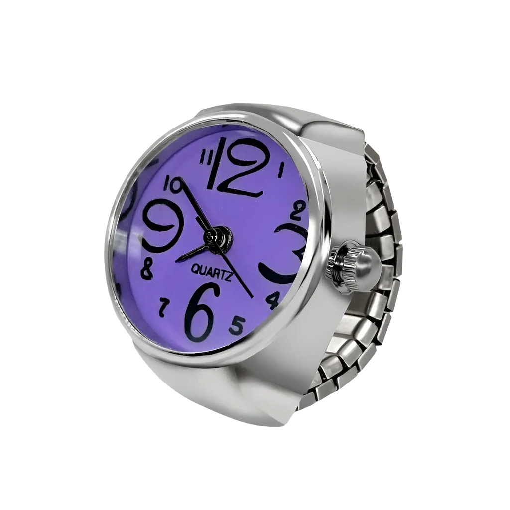 Silver-toned ring watch quartz finger jewelry with vibrant purple dial and bold black Arabic numerals