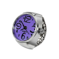 Silver-toned ring watch quartz finger jewelry with vibrant purple dial and bold black Arabic numerals