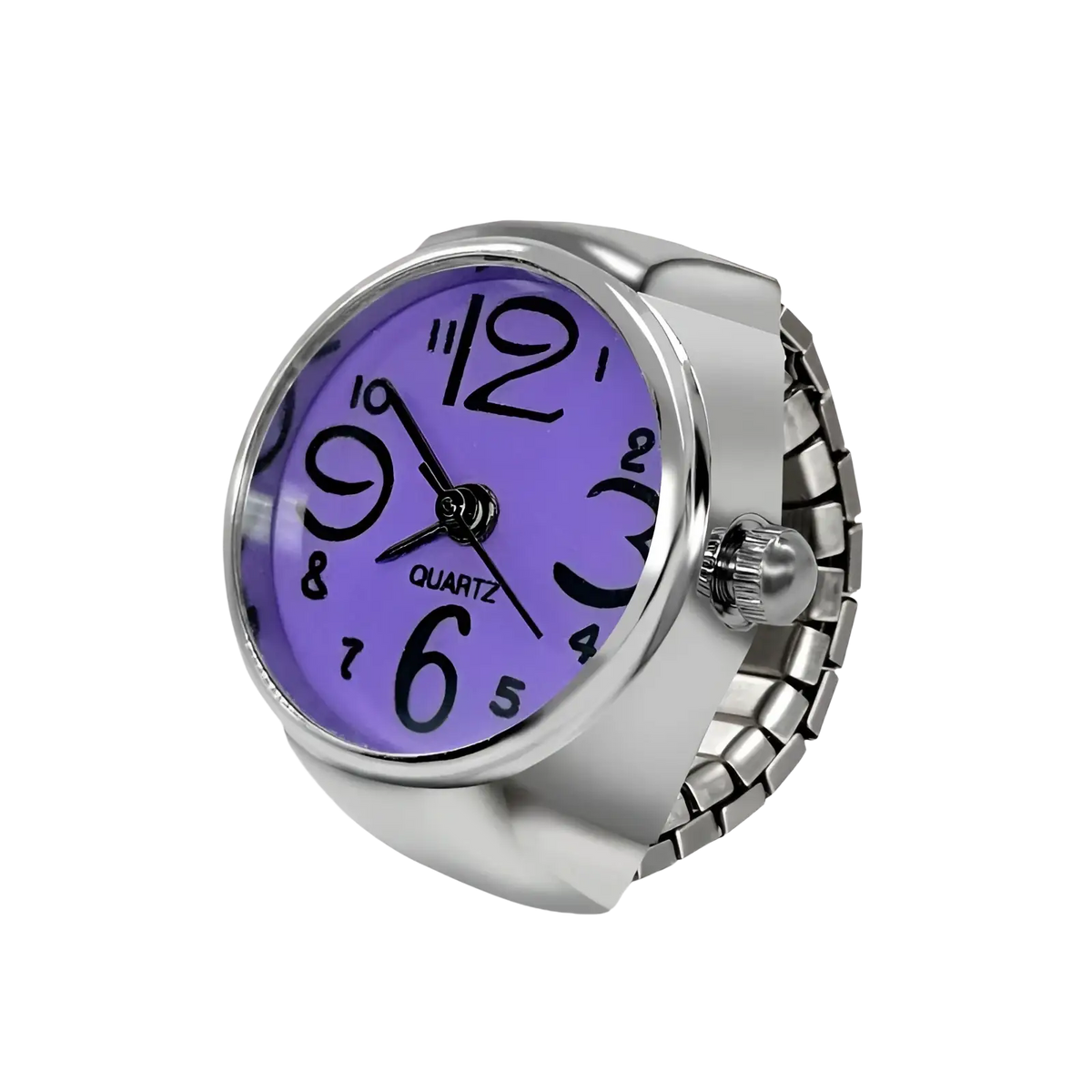 Silver-toned ring watch quartz finger jewelry with vibrant purple dial and bold black Arabic numerals