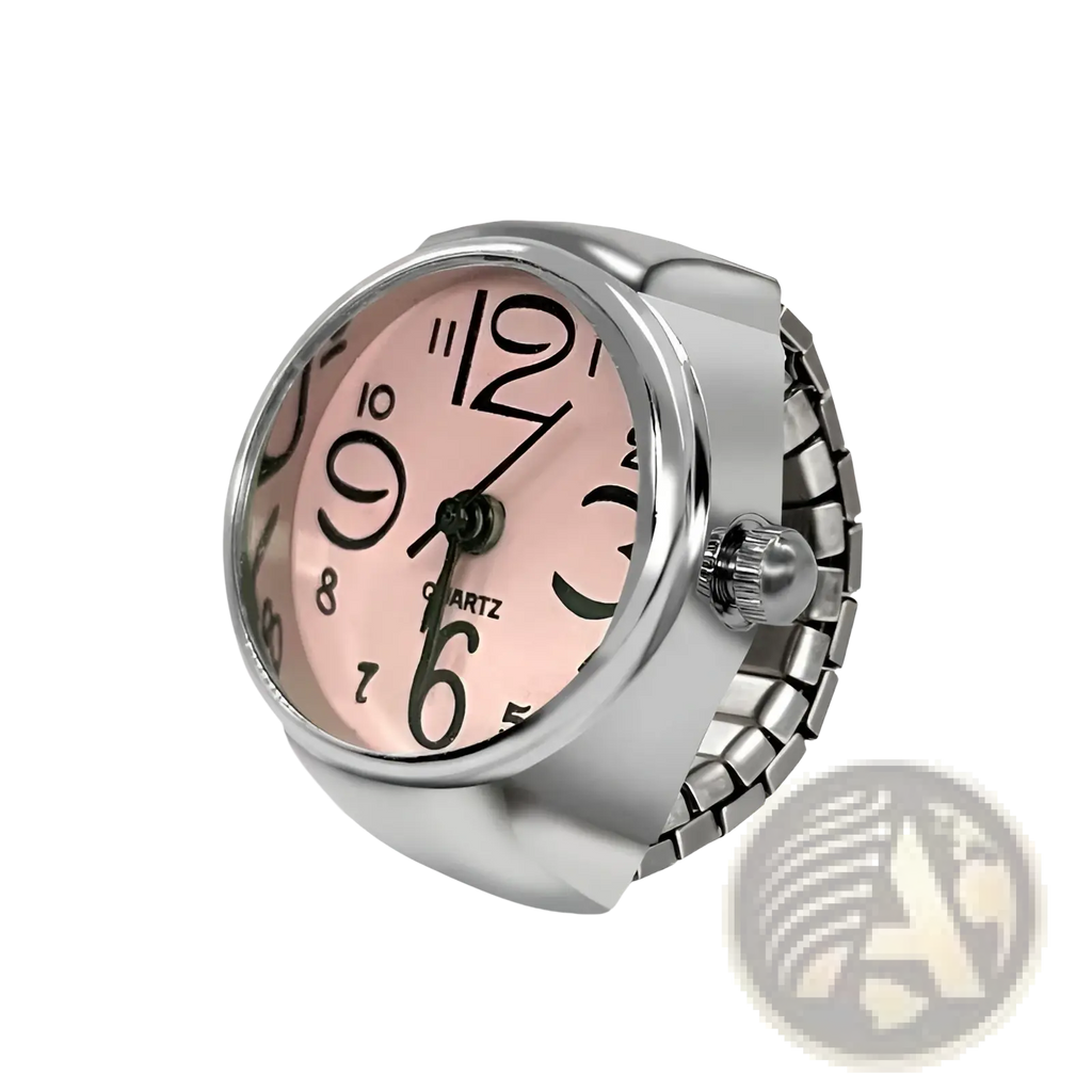Silver-toned quartz ring watch with a pink face and black arabic numerals for couple jewelry accessory