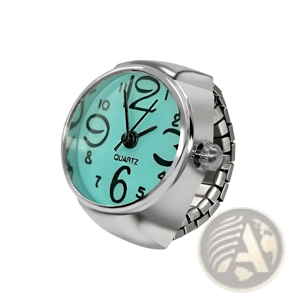 Silver-toned ring watch with a turquoise face and black arabic numerals for quartz finger couple jewelry