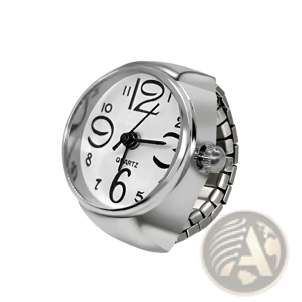 Silver-toned ring watch quartz finger jewelry with white dial black arabic numerals and flexible metal band