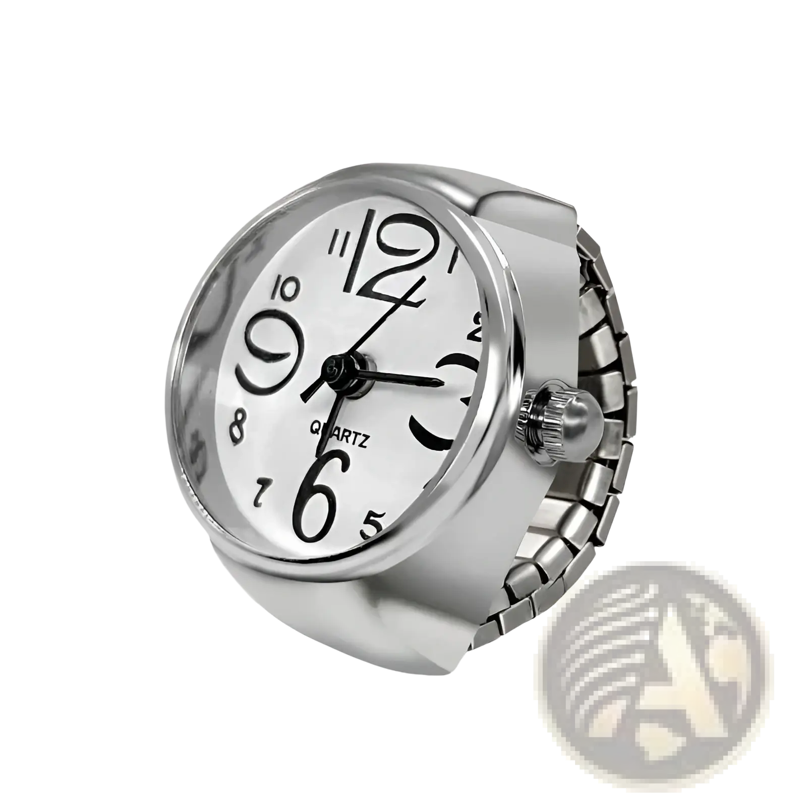 Silver-toned ring watch quartz finger jewelry with white dial black arabic numerals and flexible metal band