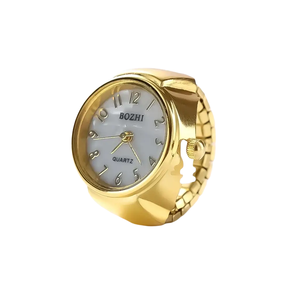 Gold-colored bozhi quartz ring watch with white dial and black numerals designed as unisex finger jewelry gift