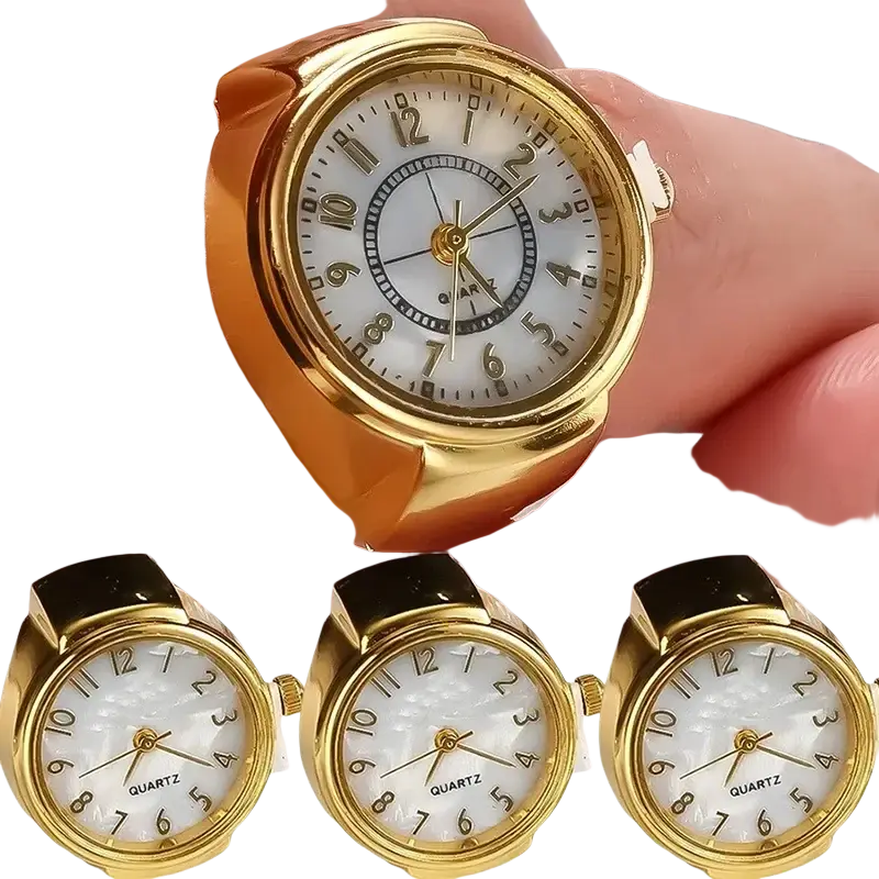 Gold-toned ring watch with white dial black arabic numerals hands and quartz feature unisex finger jewelry gift