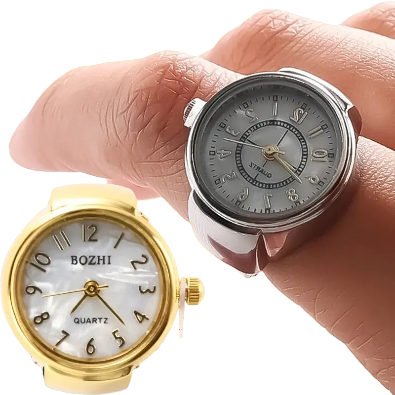 Silver and gold-toned ring watch with pearl-like faces featuring bozhi and straud quartz movements unisex gift