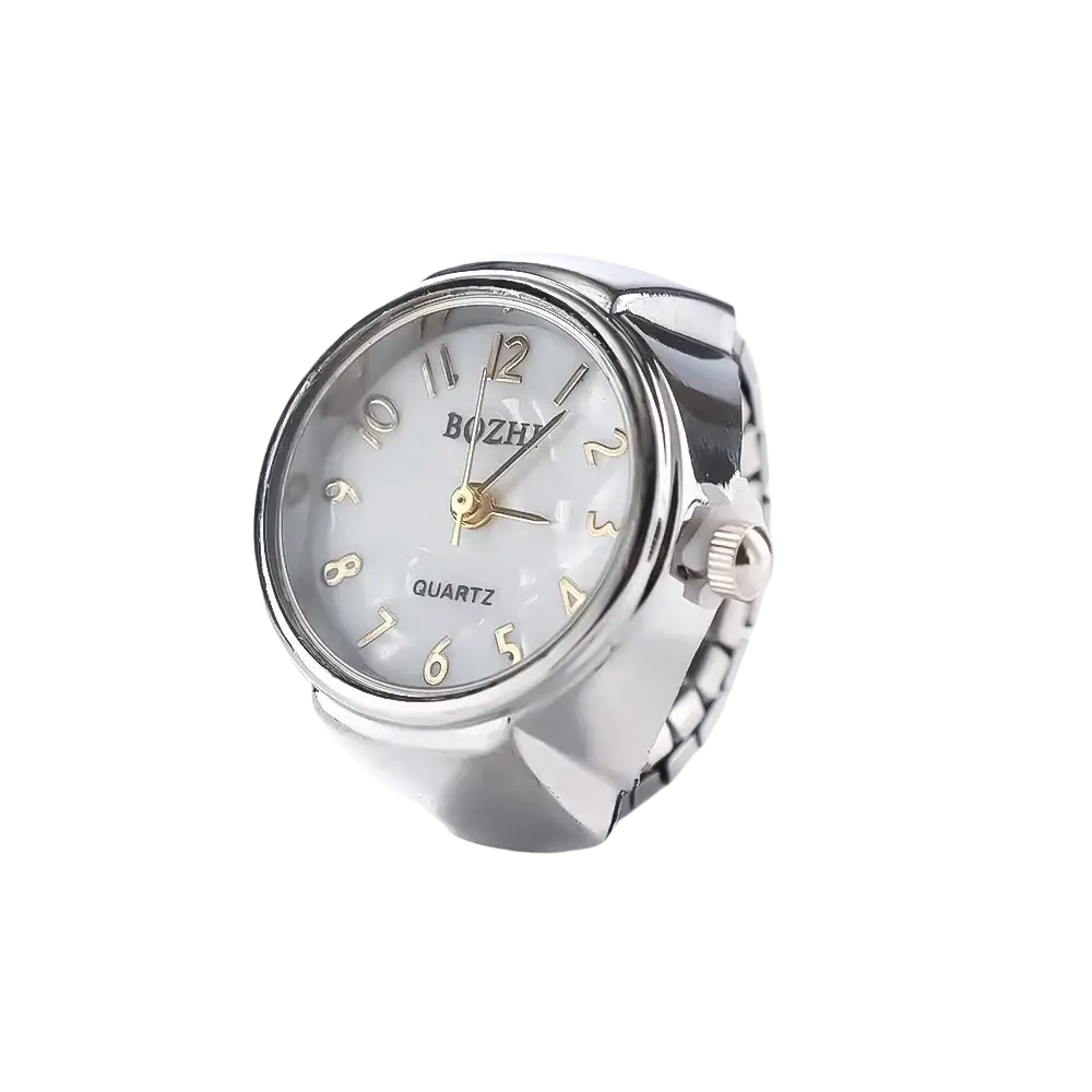 Silver-toned bozhi ring watch with pearl white face gold-tone numerals hands and flexible metal band unisex gift