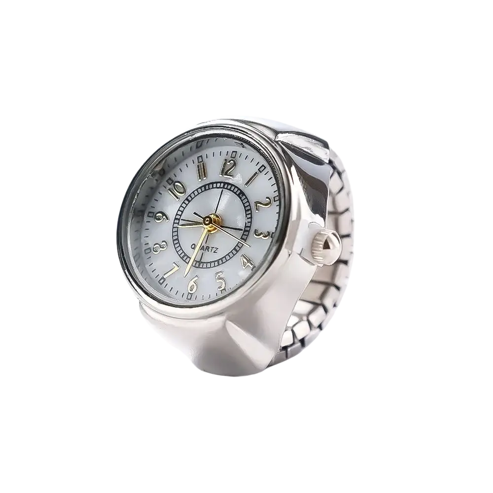 Silver-toned ring watch with white dial gold-tone hands and textured metallic band unisex quartz finger jewelry gift