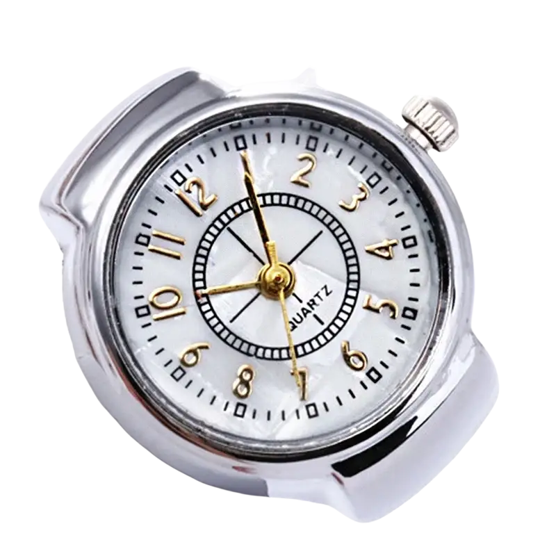 Silver-toned quartz ring watch with white dial gold-tone markers and sleek metallic case unisex gift jewelry