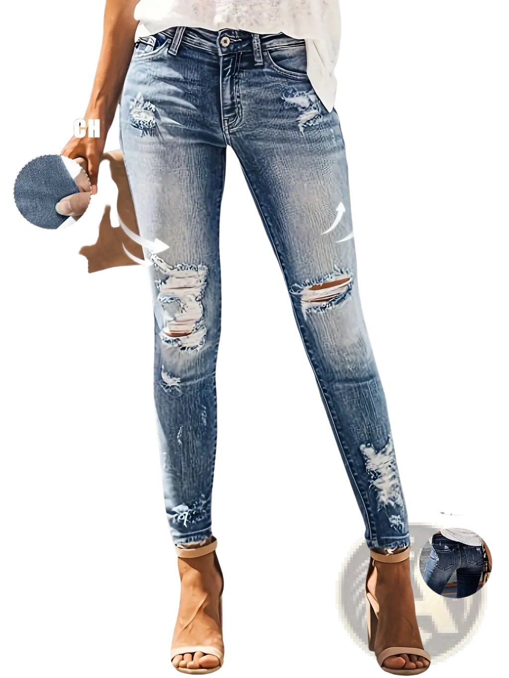 Blue denim ripped high stretch skinny jeans for women with distressed details and cotton fabric