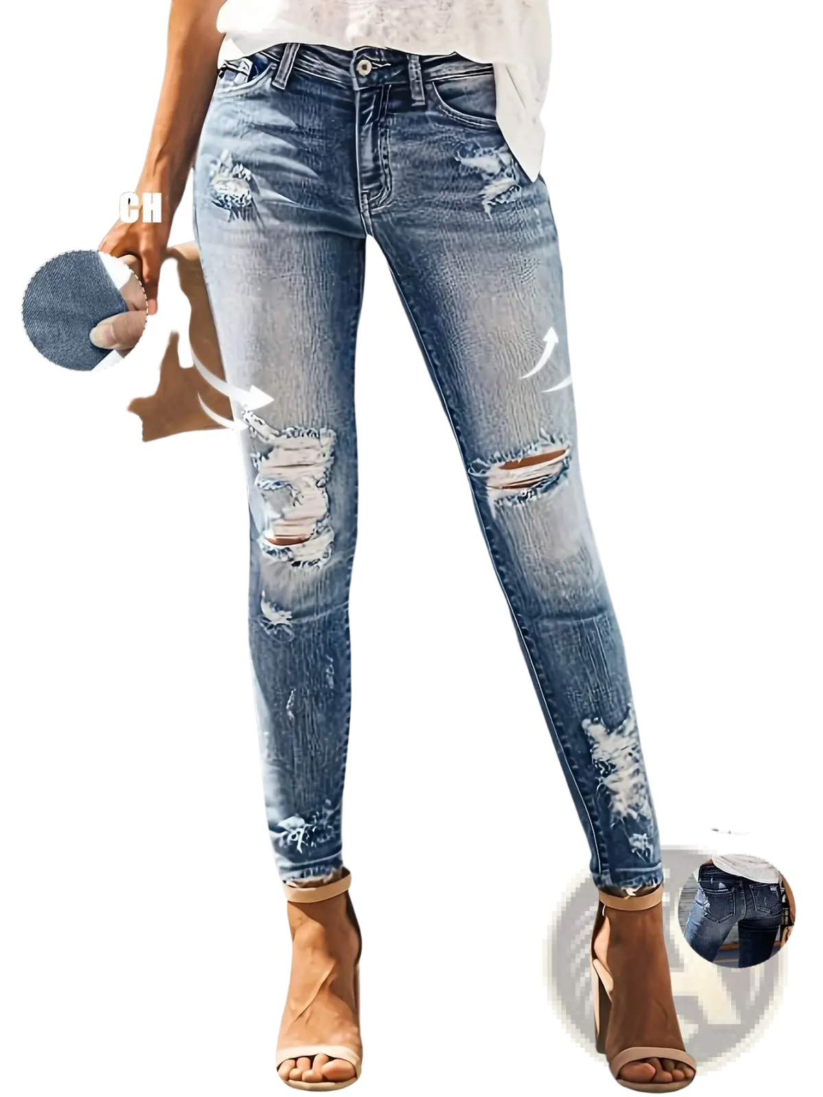 Blue denim ripped high stretch skinny jeans for women with distressed details and cotton fabric