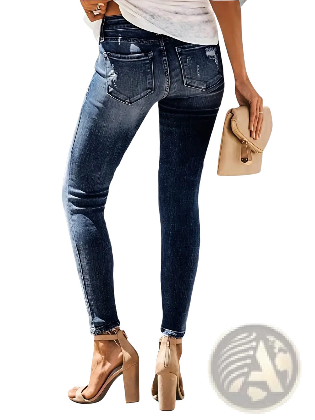 Dark wash denim ripped high stretch skinny jeans for women with distressed details and slim fit front view