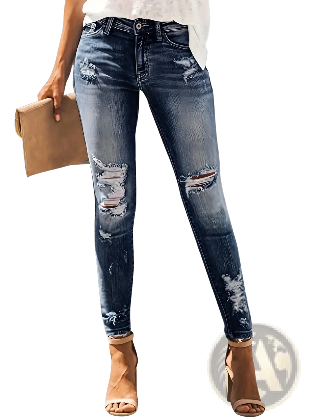 Ripped high stretch skinny jeans for women in dark-wash denim with distressed ripped details at knees and thighs