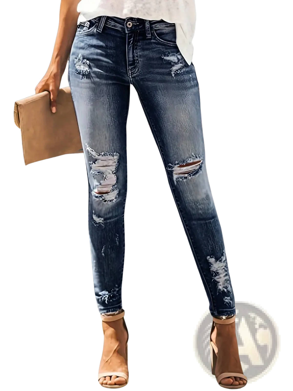 Ripped high stretch skinny jeans for women in dark-wash denim with distressed ripped details at knees and thighs