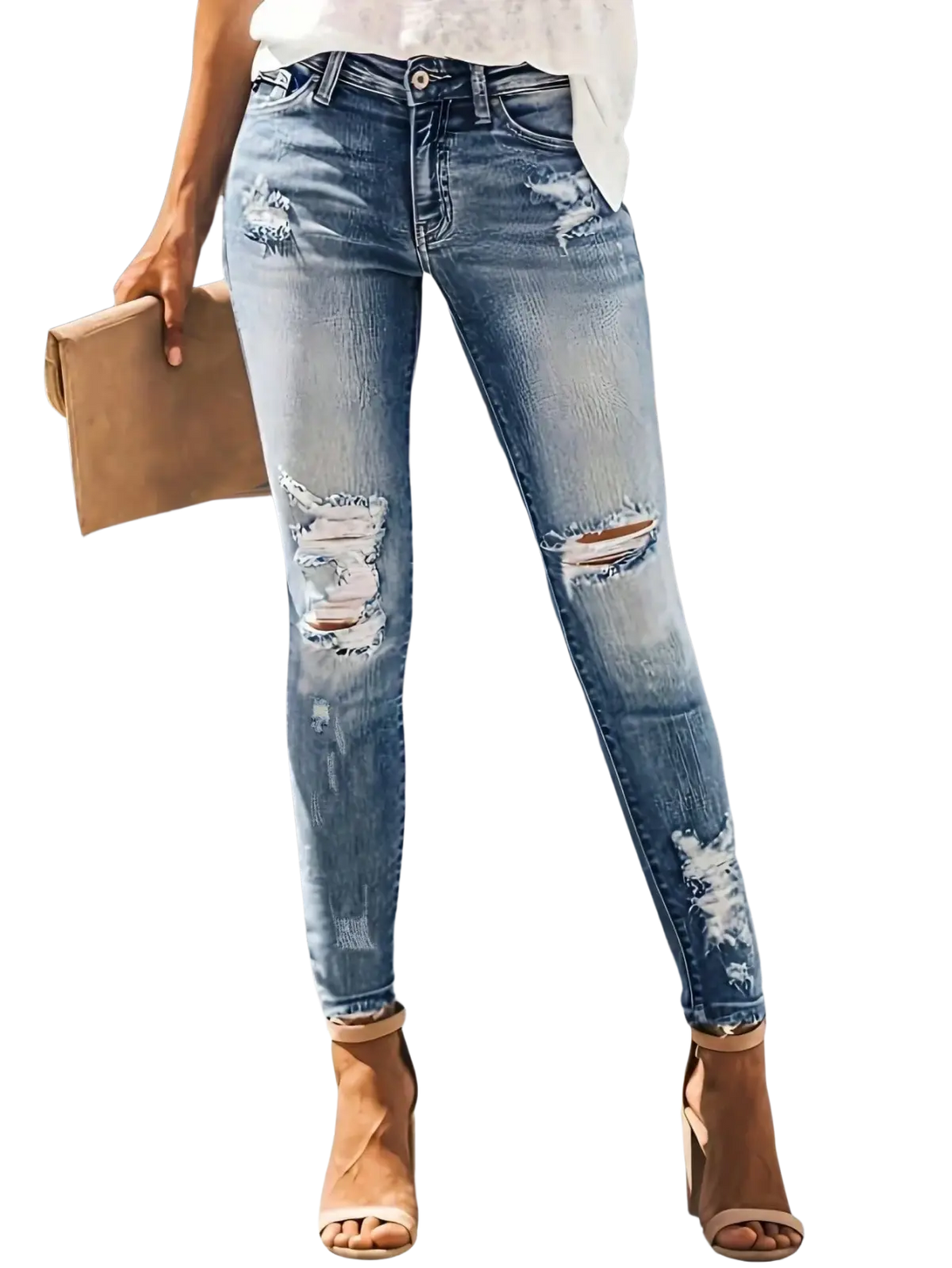 Distressed blue high stretch skinny jeans for women with ripped knees and frayed edges made of denim