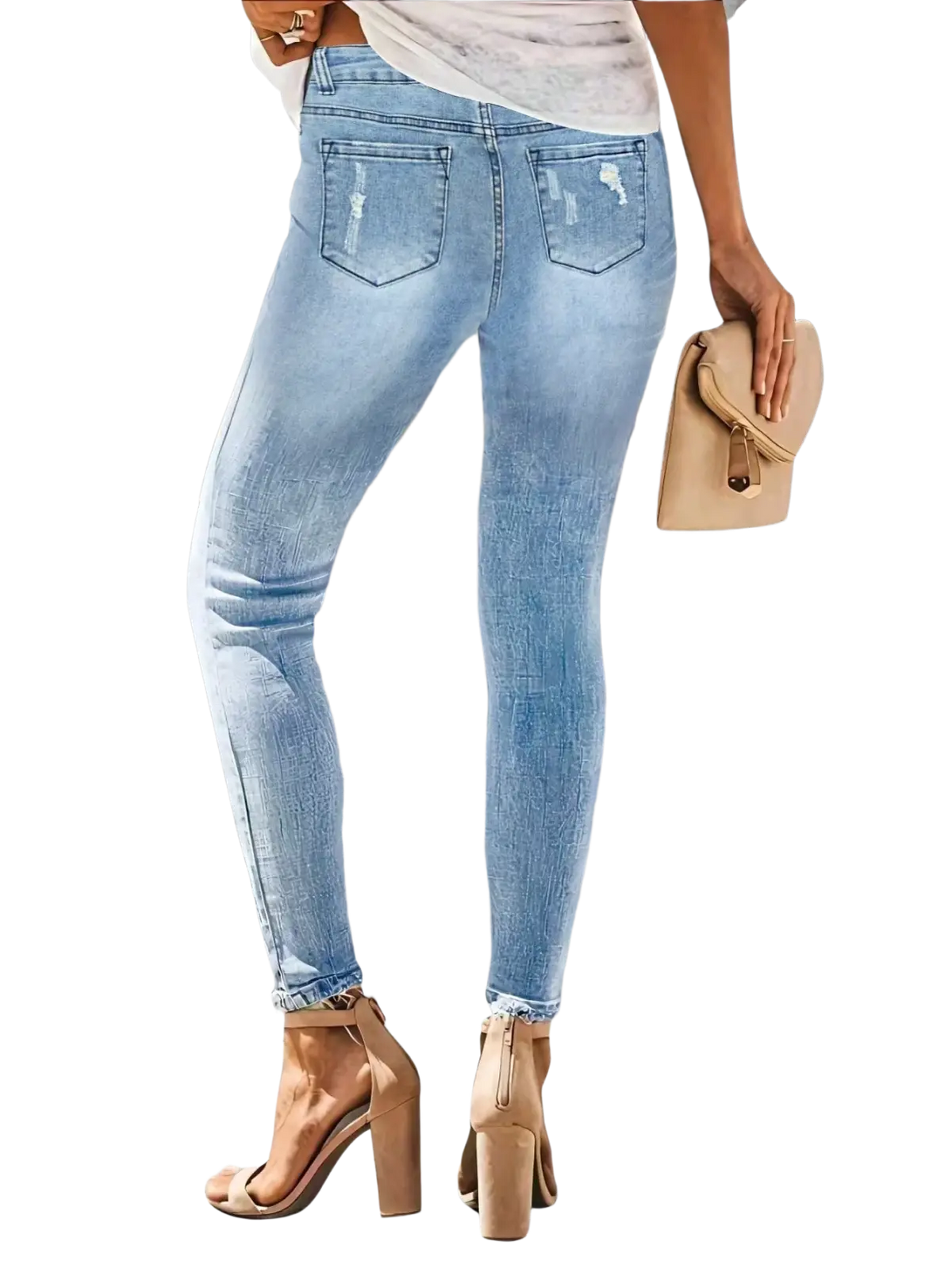Light-wash ripped high stretch skinny jeans for women with a slim fit and frayed hems made of denim