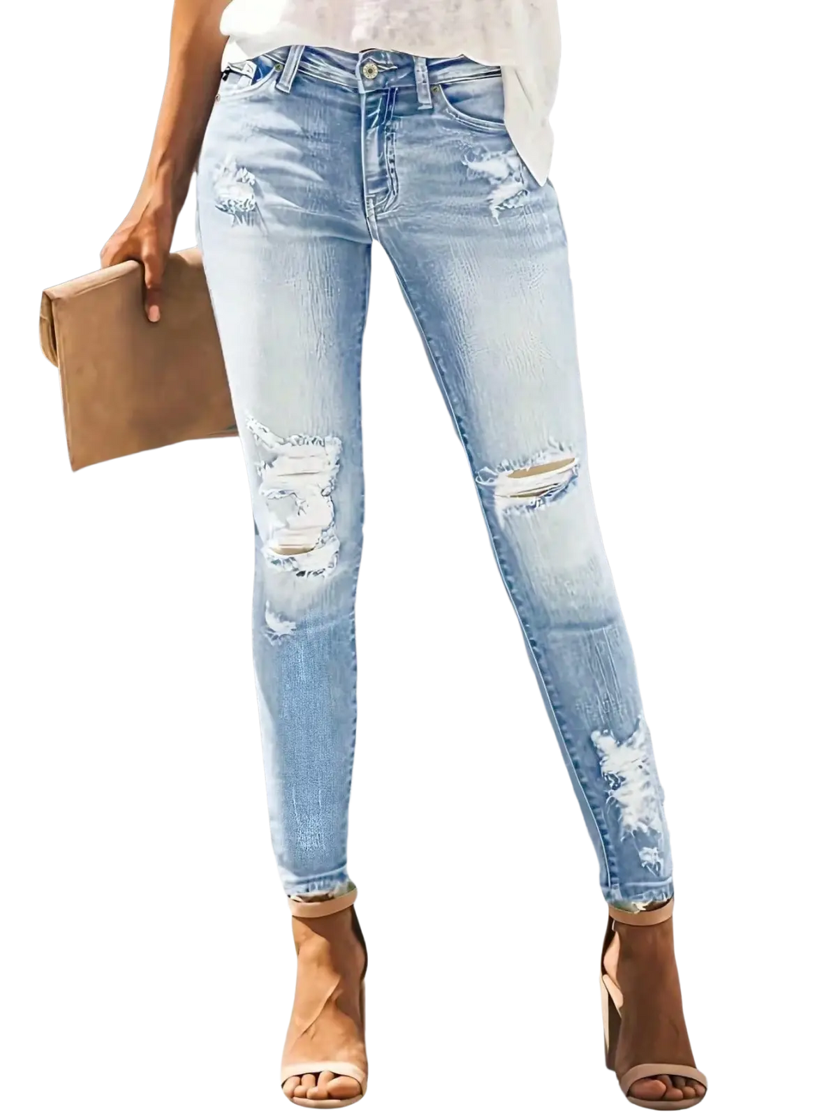 Light-wash ripped high stretch skinny jeans for women with distressed details at knees and ankles