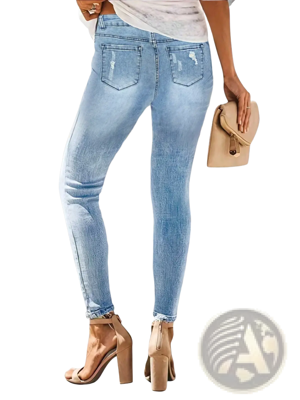 Light-wash ripped high stretch skinny jeans for women with a slim fit and frayed hems made of denim