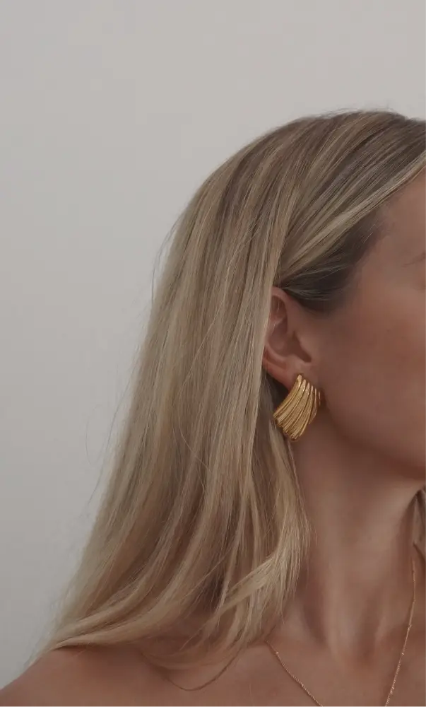 18k gold plated ripple fan hoop earrings in gold tone with layered fan shape and sleek metallic finish
