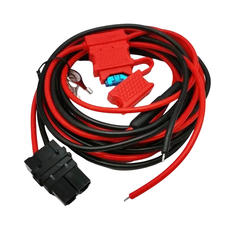Red and black insulated rkn4152a power cord with metal alligator clips and blue fuse holder for motorola intercom devices