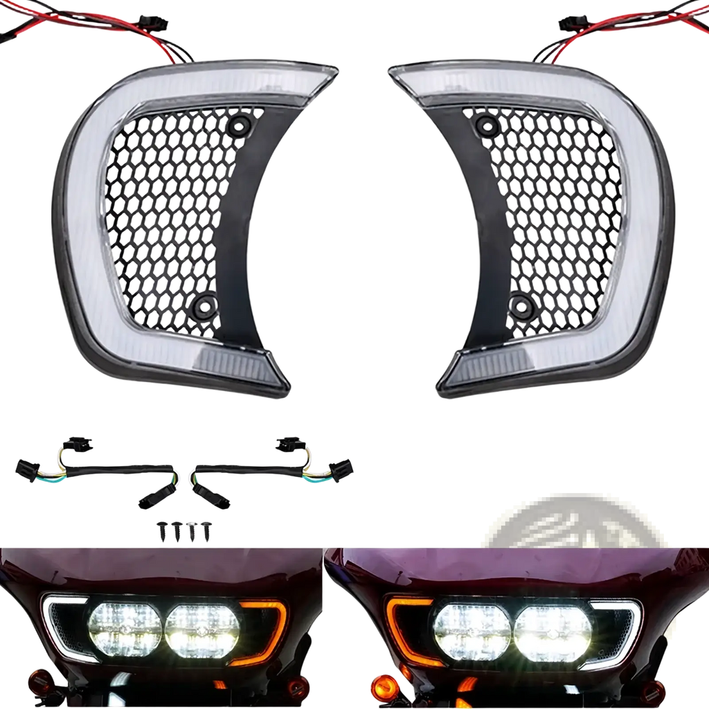 Road glide led headlight vent accents 2015-2024 black and clear honeycomb mesh design with integrated wiring harnesses