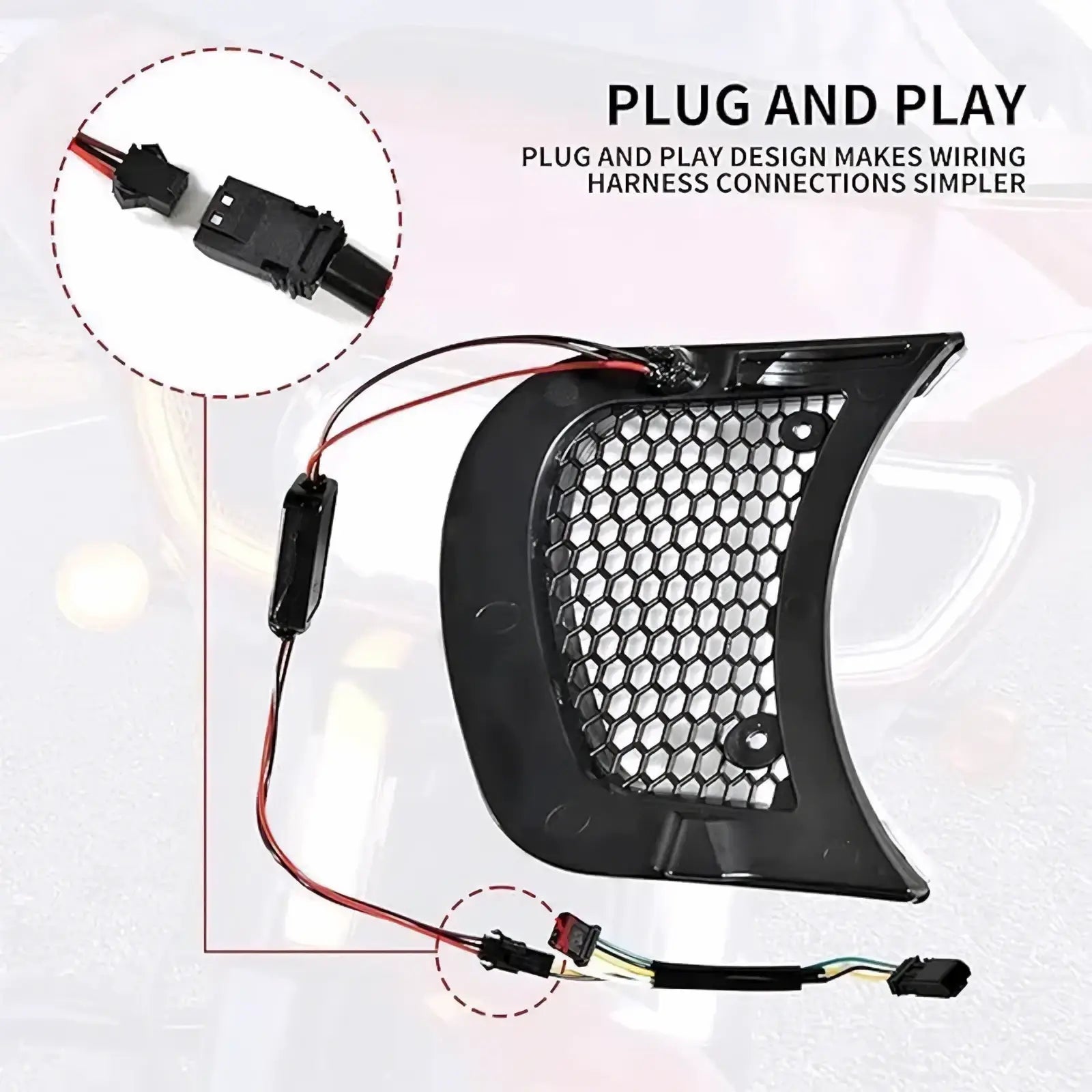 Black plastic honeycomb grille of road glide led headlight vent accents 2015-2024 with integrated wiring harness and connectors