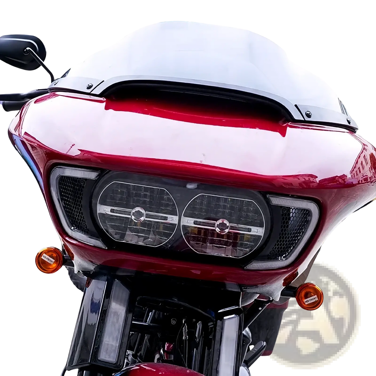 Road glide led headlight vent accents on a red motorcycle with glossy finish and dual round headlights from 2015-2024