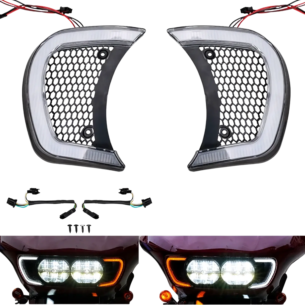 Road glide led headlight vent accents 2015-2024 black and clear honeycomb mesh design with integrated wiring harnesses