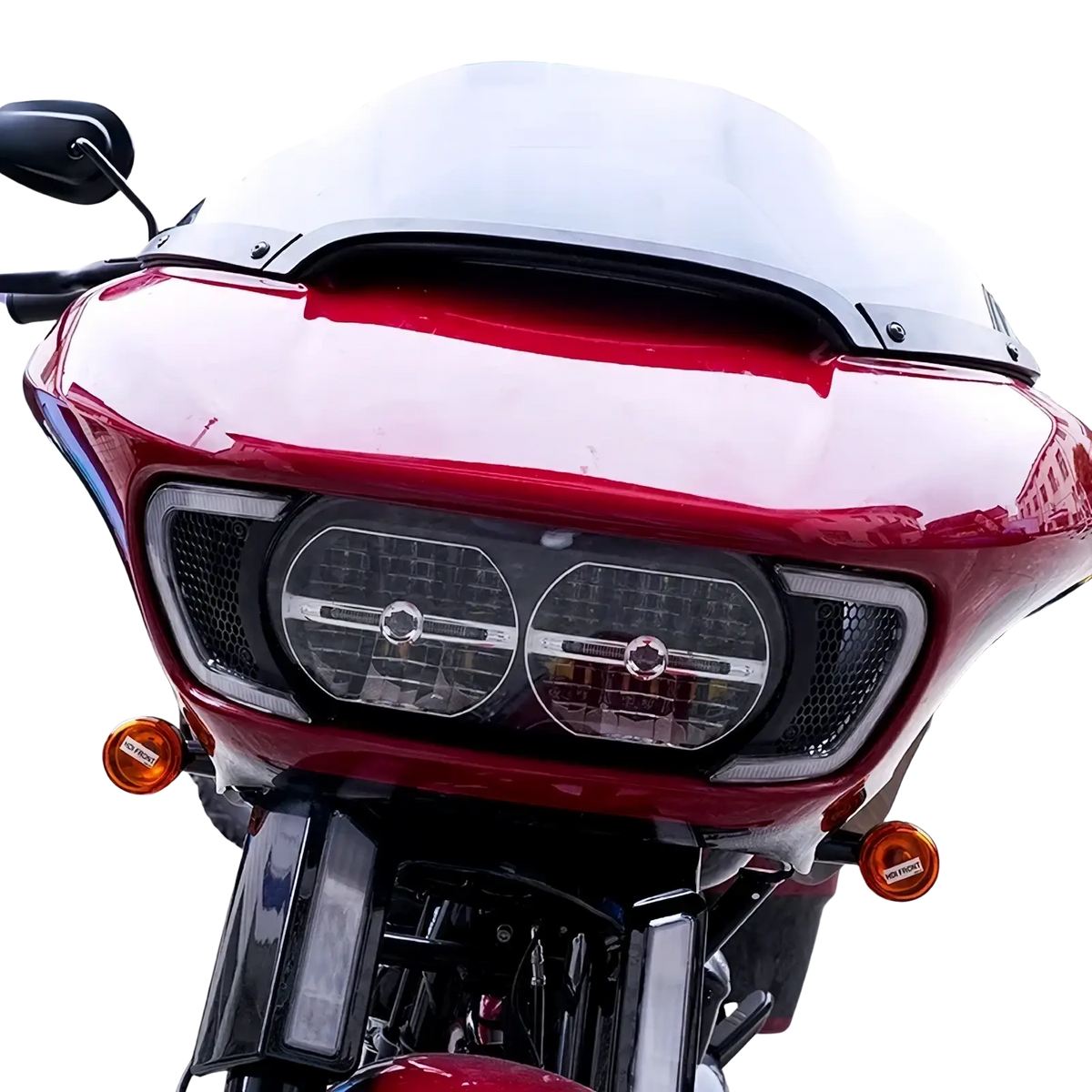 Road glide led headlight vent accents on a red motorcycle with glossy finish and dual round headlights from 2015-2024