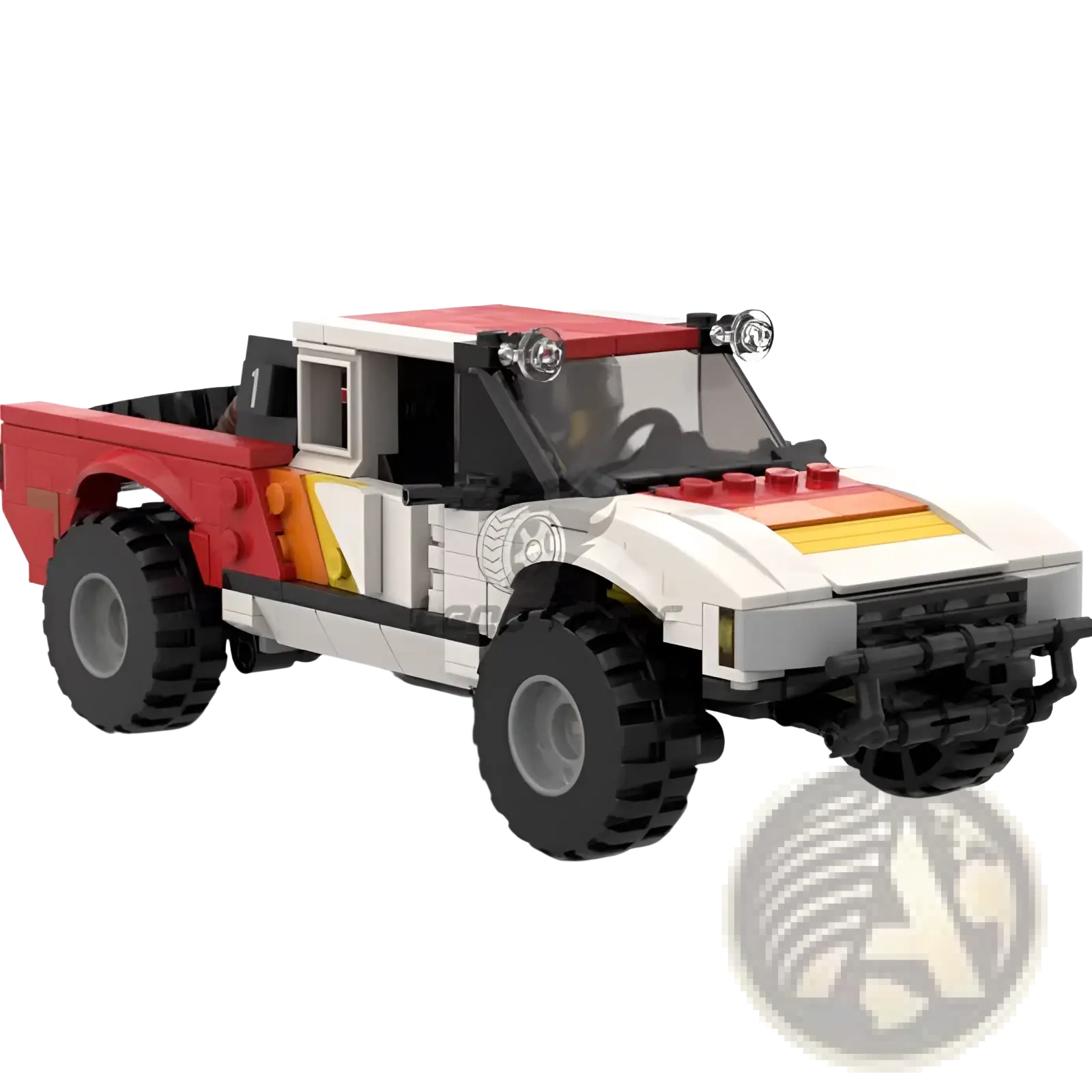 Red and white off-road pickup truck toy made from 403 interlocking plastic building blocks for construction play