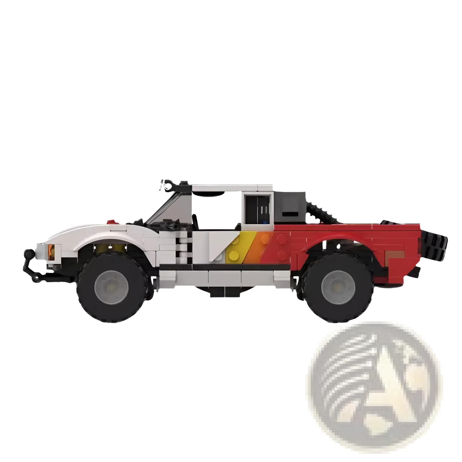 Red and white lego off-road pickup truck building block toy with black tires and yellow orange side stripe 403 pieces