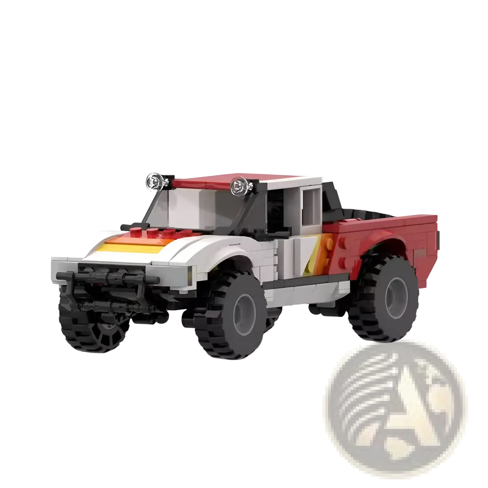 Red white and black lego off-road pickup truck building block toy with rugged design and 403 pieces shown from the back side