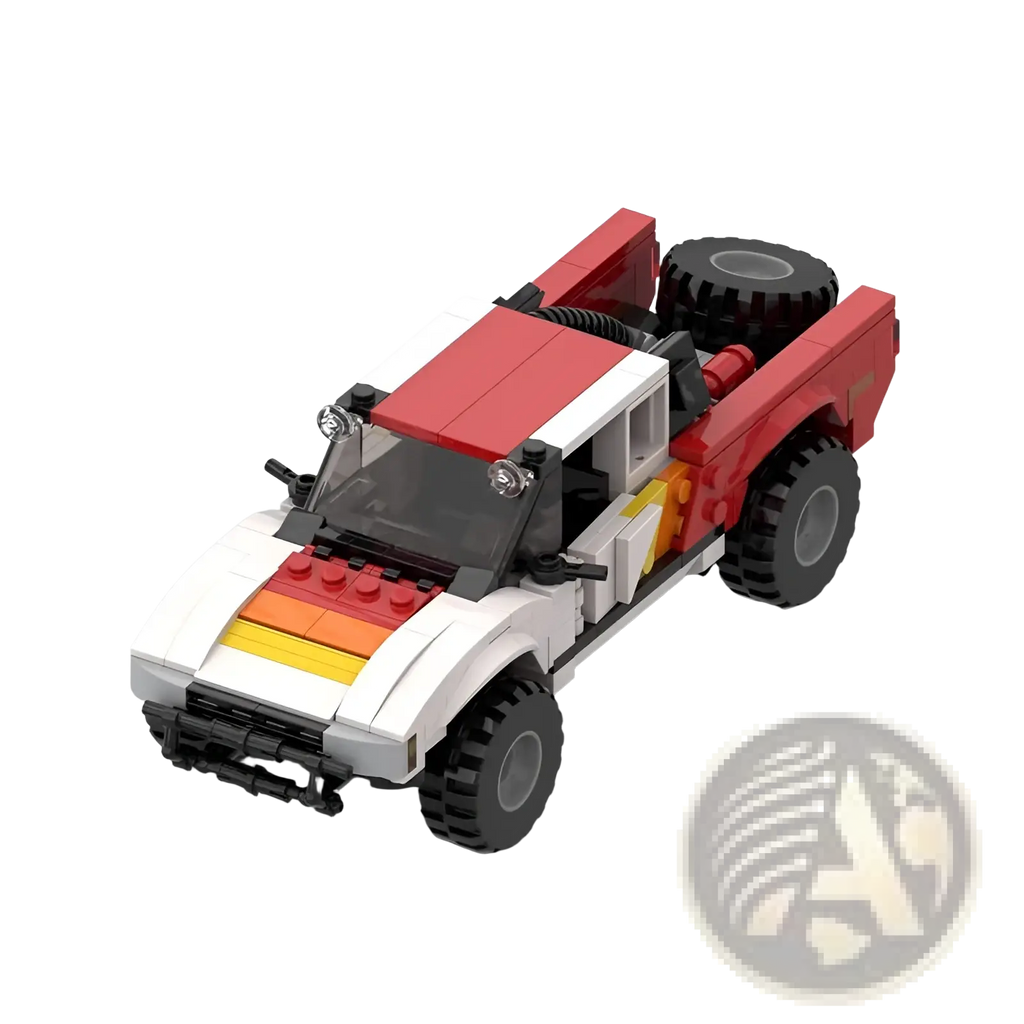 Red and white lego off-road pickup truck building block toy with black tires and yellow orange stripe across the hood