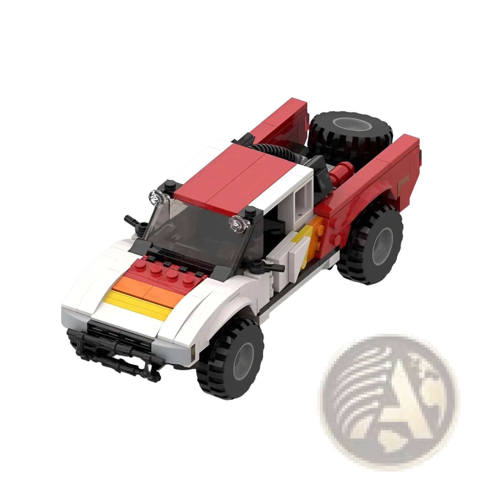 Red and white lego off-road pickup truck building block toy with black tires and yellow orange stripe across the hood
