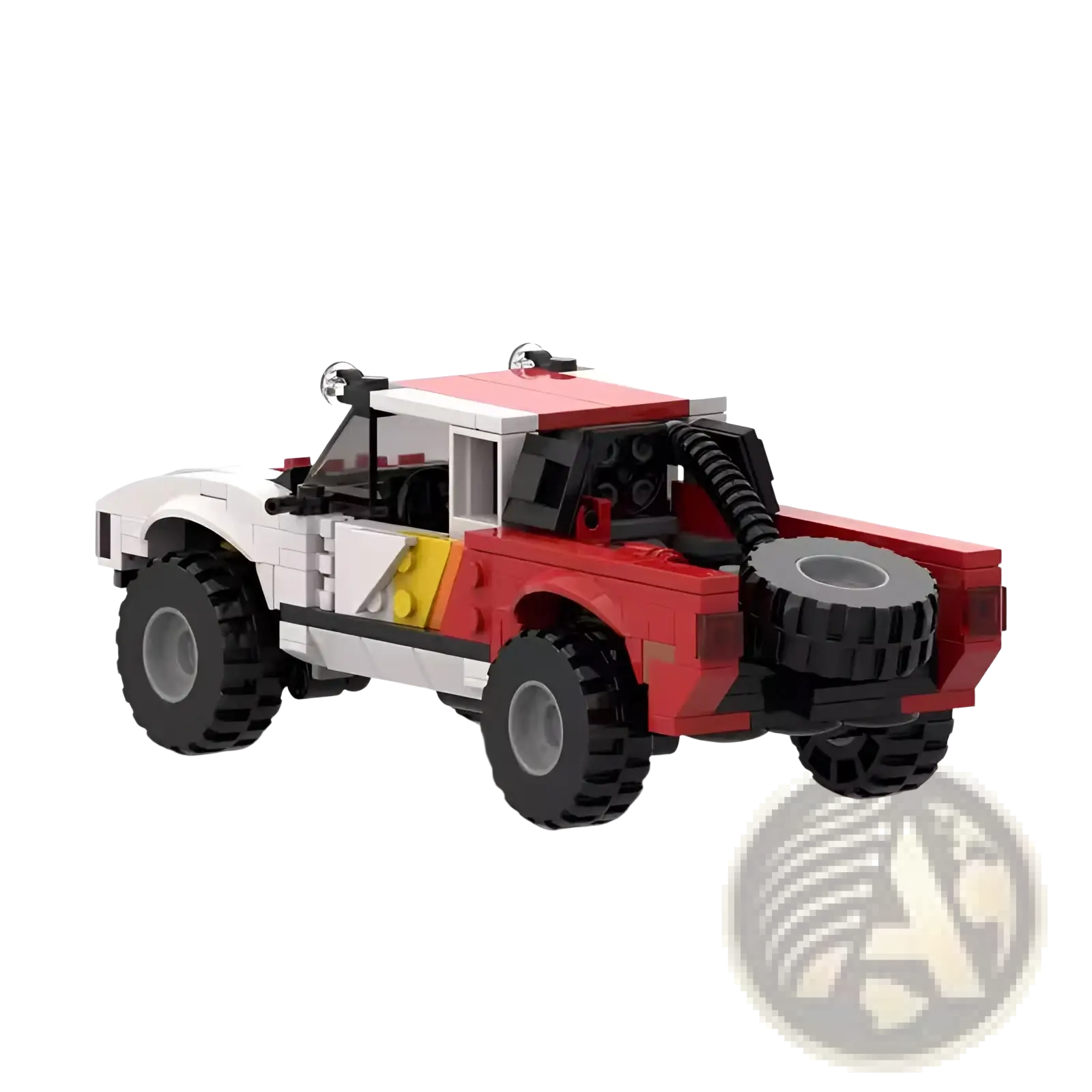 Red and white off-road pickup truck building block toy with black tires and spare tire mounted on the side