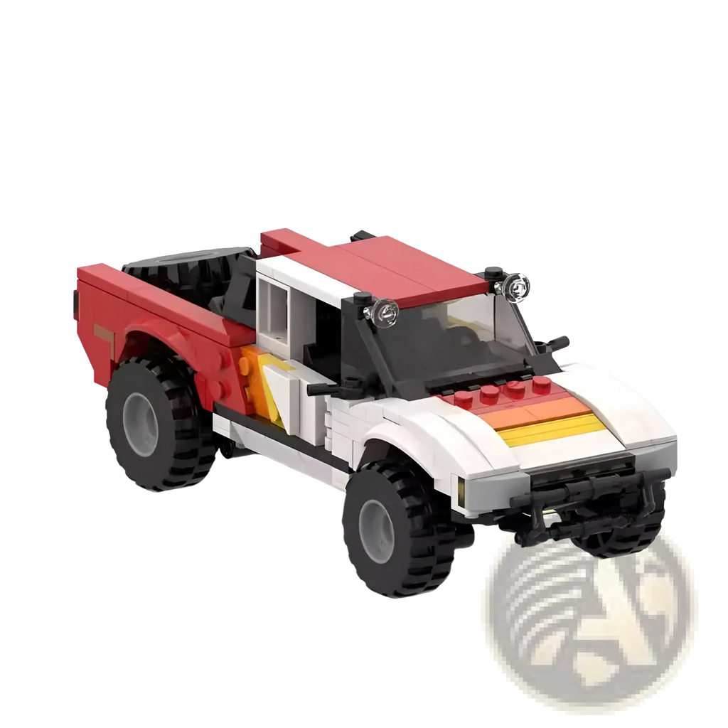 Red and white lego off-road pickup truck building block toy with black tires and yellow stripe 403 pieces