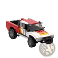 Red and white lego off-road pickup truck building block toy with black tires and yellow stripe 403 pieces