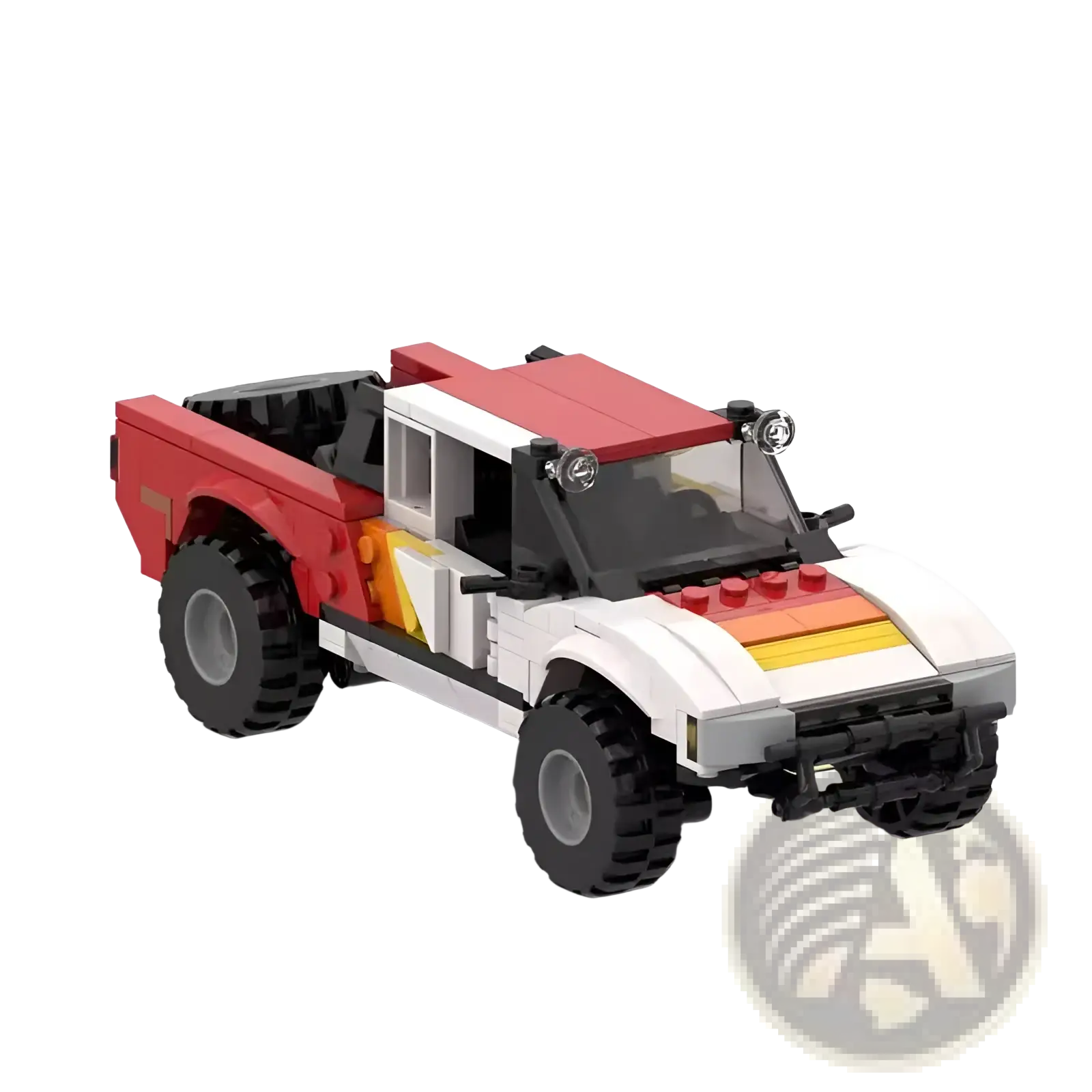 Red and white lego off-road pickup truck building block toy with black tires and yellow stripe 403 pieces