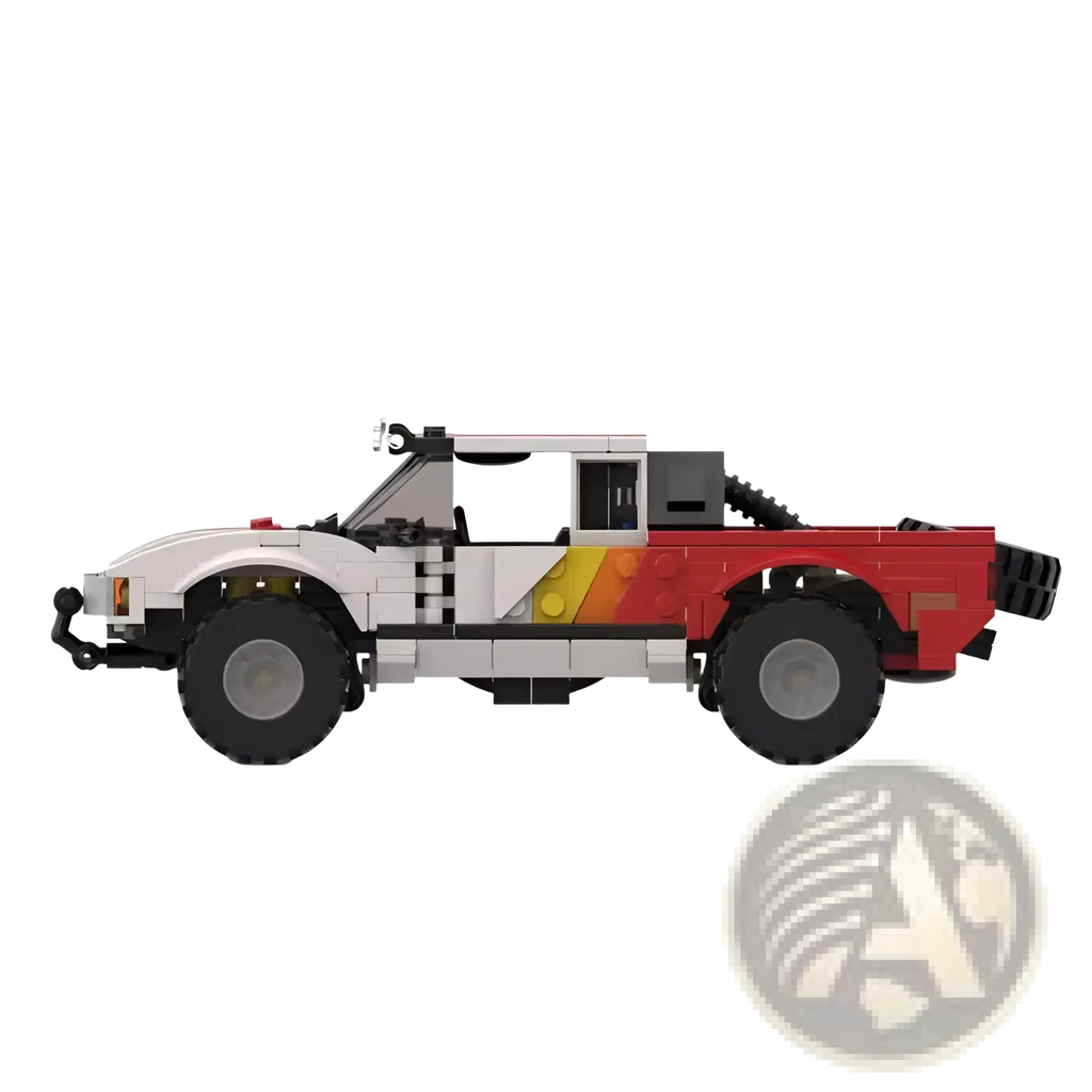 A red and white lego off-road pickup truck building block toy with black tires and yellow-orange side accents